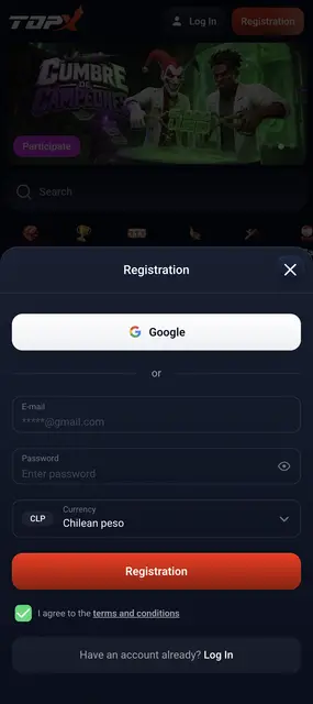 TopX visto en un smartphone: pantalla de registro con el peso chileno como moneda