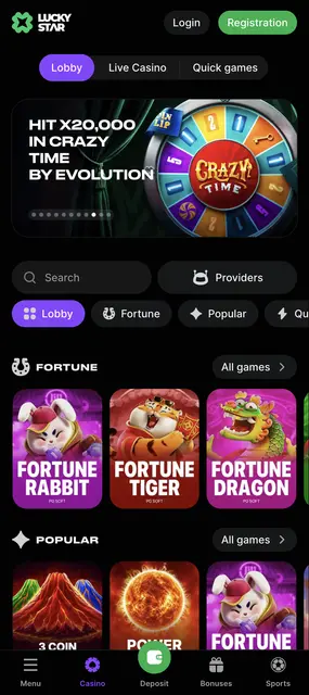 Lucky Star en el móvil: página de inicio con la sección Fortune de PG Soft