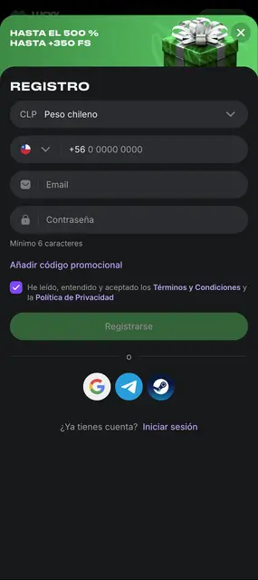 Registro con correo, teléfono chileno o redes en el sitio de Lucky Star