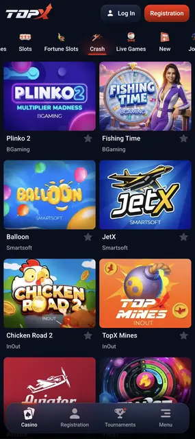TopX visto en un smartphone: juegos rápidos como Balloon, Chicken Road 2 y TopX Mines